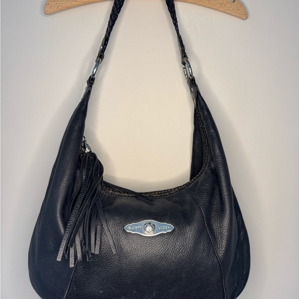 Elliott Lucca Black Hobo Bag with Adjustable Strap and Silver Hardware